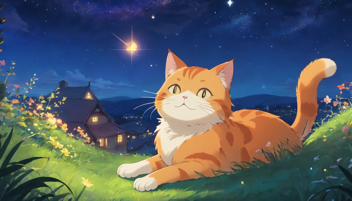 As night fell,The sky is extraordinarily beautiful dotted with stars。Orange cat finds a cozy place on the grass,curled up in a ball,Quietly admiring the starry sky。