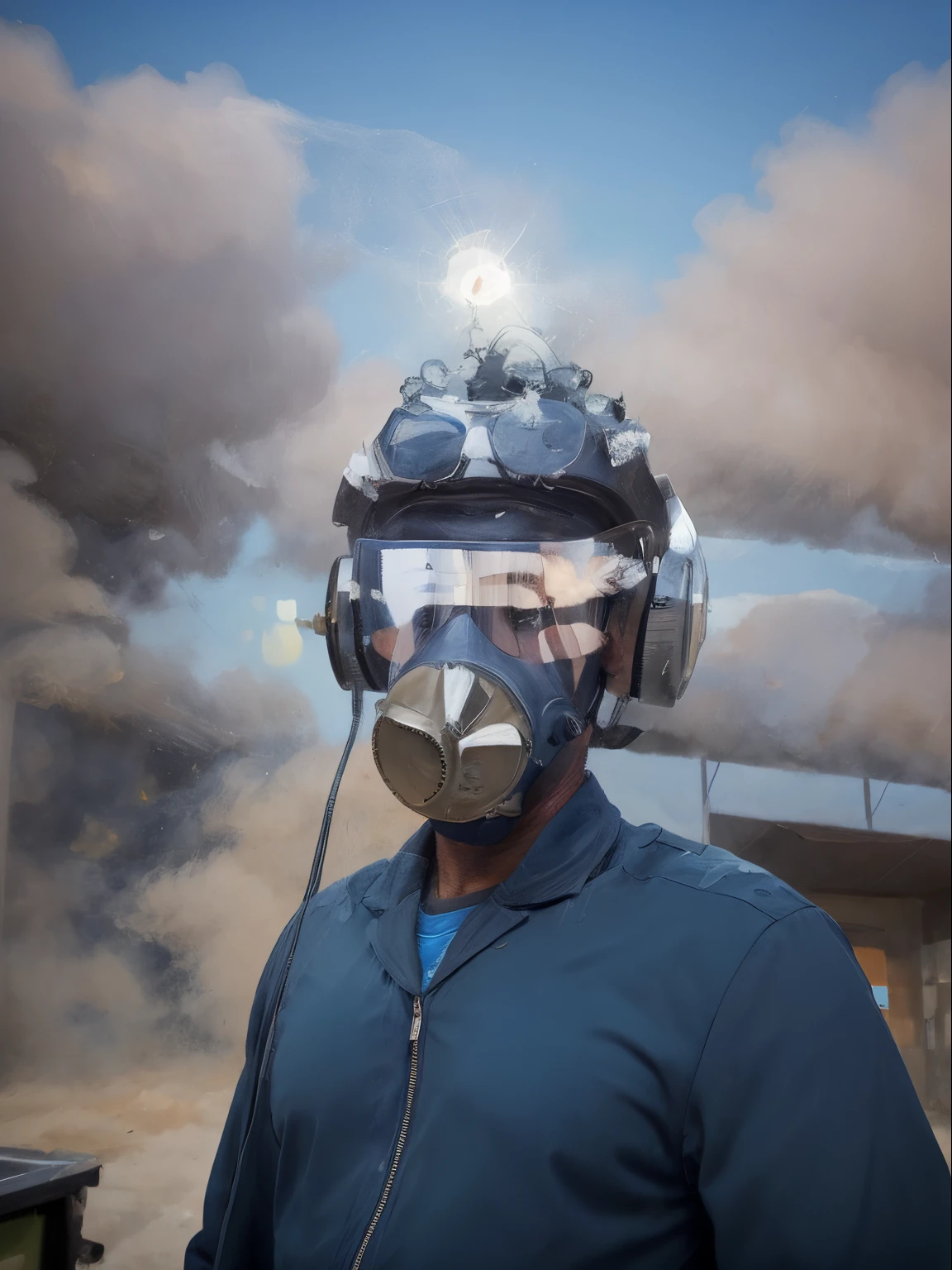 Arafed man wearing a gas mask and glasses with a pair of glasses on his head, Visor Mecha OLED de vidrio, gafas en la frente, Punto de vista del usuario de la visera, Uso de VR, Respirador, Visor OLED sobre los ojos, dust mask, wearing transparent glass mask, visera sobre la cara, Casco VR en hombre, gafas de radio, Wearing a gas mask, Usar gafas
