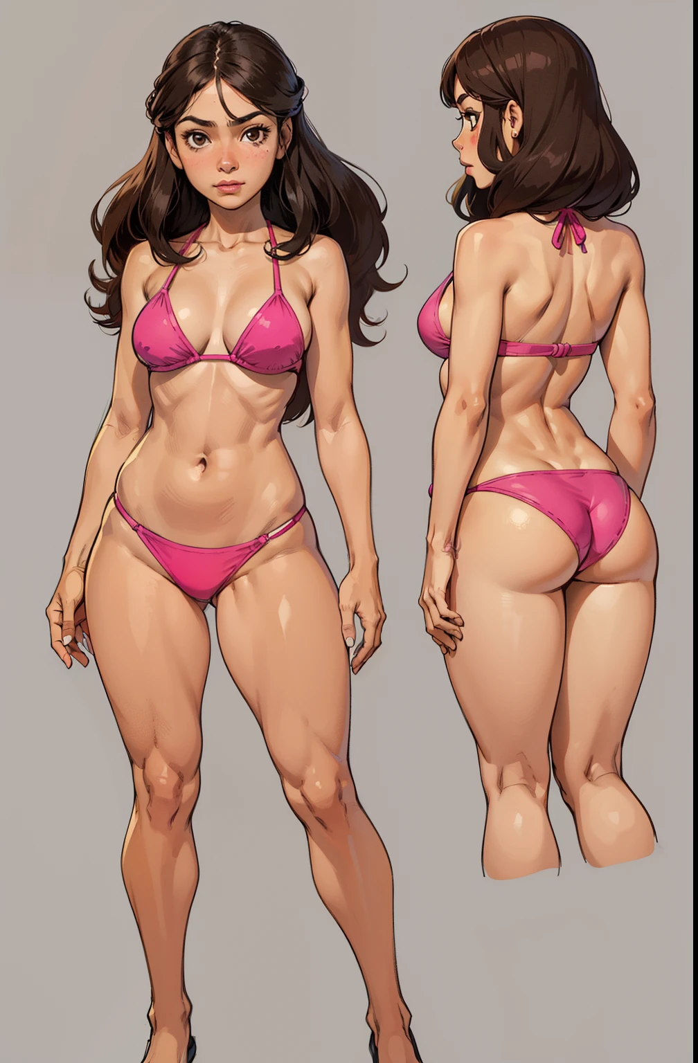 fundo simples, flat, model sheet, one character, textured background, textured flat background, uma menina, latina face, brown skin, large body, long hair, glamour, Stand up, maquiagem, Lips are soft or colored, , silhuetas simples, Stand Up, provocador, surprised facial expression, bashful, pink bikini