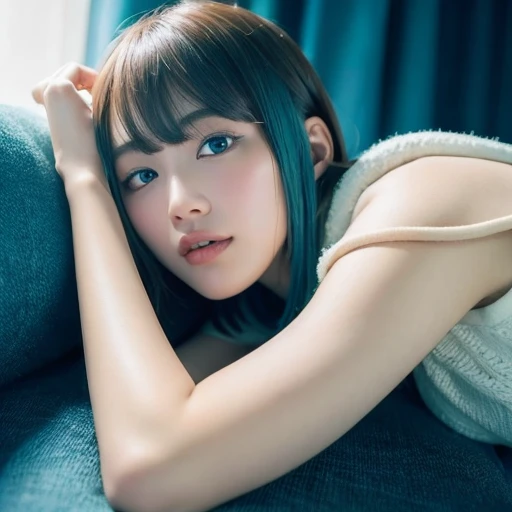 a girl with short brown hair laying on the sofa covered by blanket, clear eye, (look down at the viewer:0.8), detached sleeves, open mouth, bangs, white sleeves, white glove, blue hair, 1girl, shiny skin, (masterpiece;1.0), (photorealistic:1.4), (soft focus:1.2)