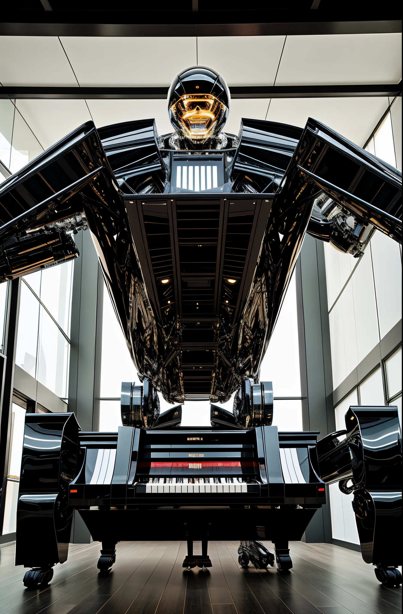 A giant piano-shaped robot in black and white、Around me are smiling boys and girls.