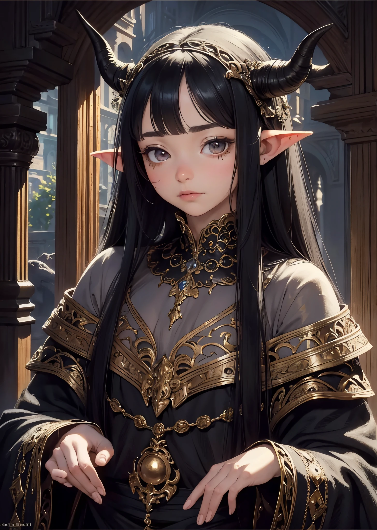 most beautiful artwork in the world, gelfling,black hair long, little horns on head, realistic, intricate detail, nostalgia, Intricate, High Detail, Sharp focus, dramatic, ((perfectly drawn hands))