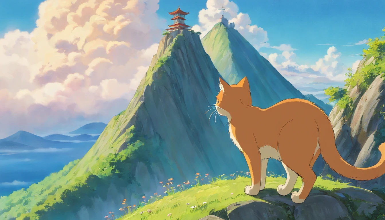 The orange cat stands at the foot of the mountain，looking up at the top of the mountain