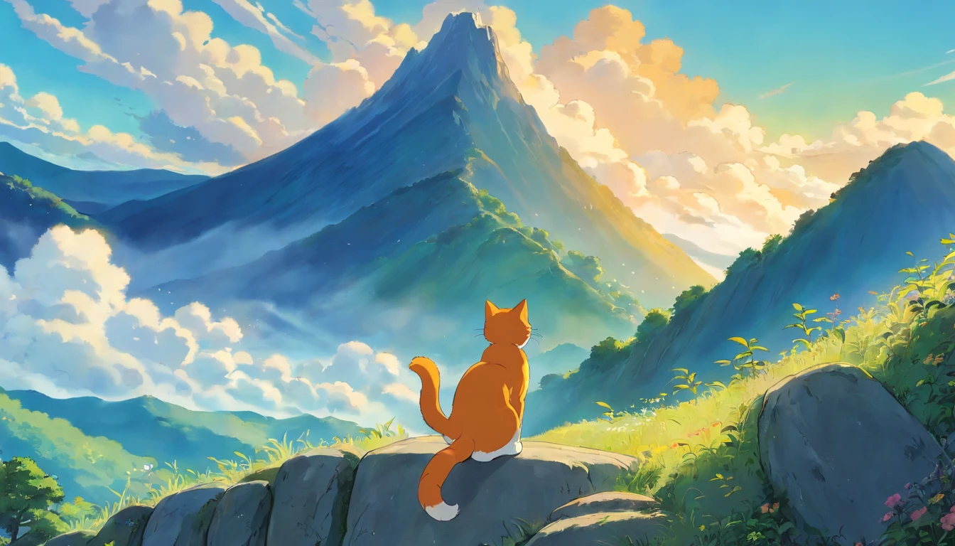 The orange cat stands at the foot of the mountain,looking up at the top of the mountain