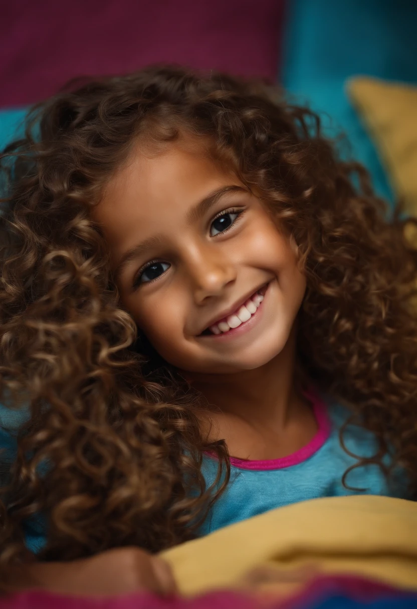 Girl with long, curly hair, tanned skin, sourire, 8 ans, no clothes, laying in bed,