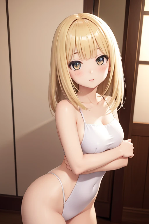 A very beautiful Japanese woman, about 18 years old, is hugging the viewer. she isn't wearing anything. Her hair is straight and waist-length. Her hair color is blonde. I have bangs. She is thin and has very white skin. The eyes are very big. Bust size is small. Her face is small from top to bottom and she looks much younger than her age. She has no hair except on her face.