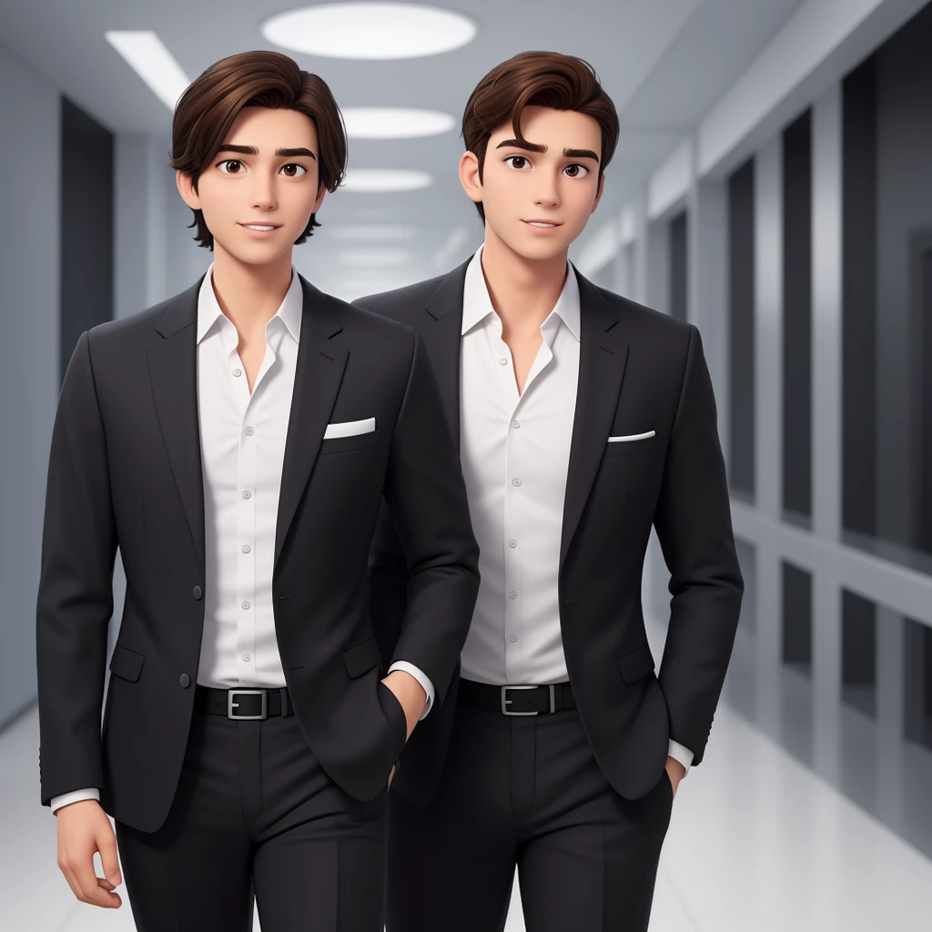 femele, He has shoulder-length black hair., Round face, Charming smile, Facing straight ahead, business black jacket suit and white t-shirt,