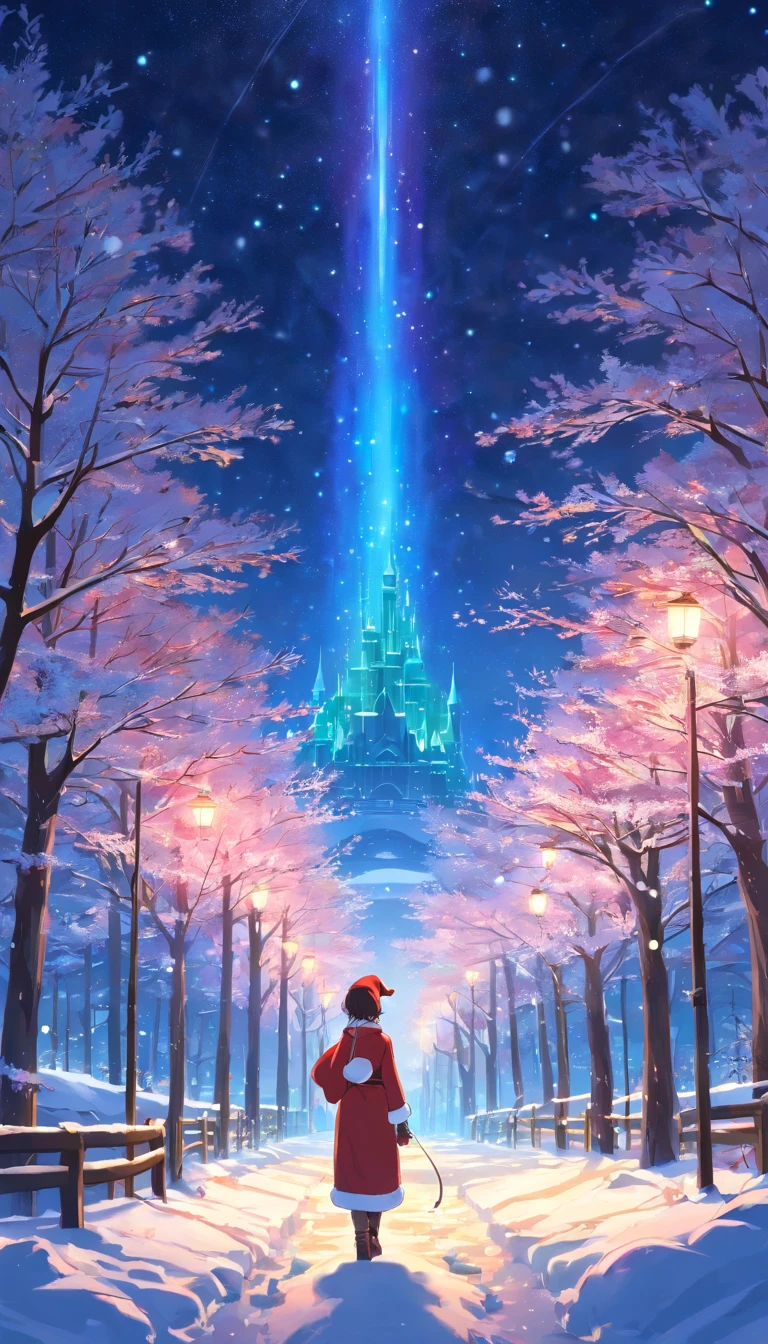outdoor paysage, christmas, Santa, Holidays, cadeaux, guirlande, boule de noel, neige, sapin decor, Nuit, starry night sky, lac, lights, rouge, Aurora borealis
