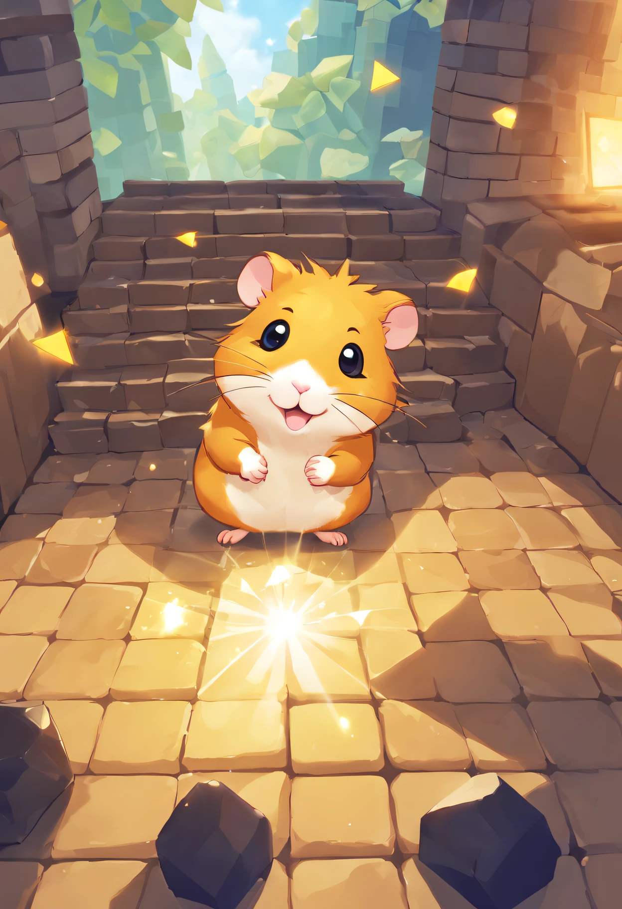 Hamster Adventurer ,radiation mosaic:1.2, catch the sun:0.8, Like shards of glass that infuse warmth and energy into the space:0.4 Flash and dance.