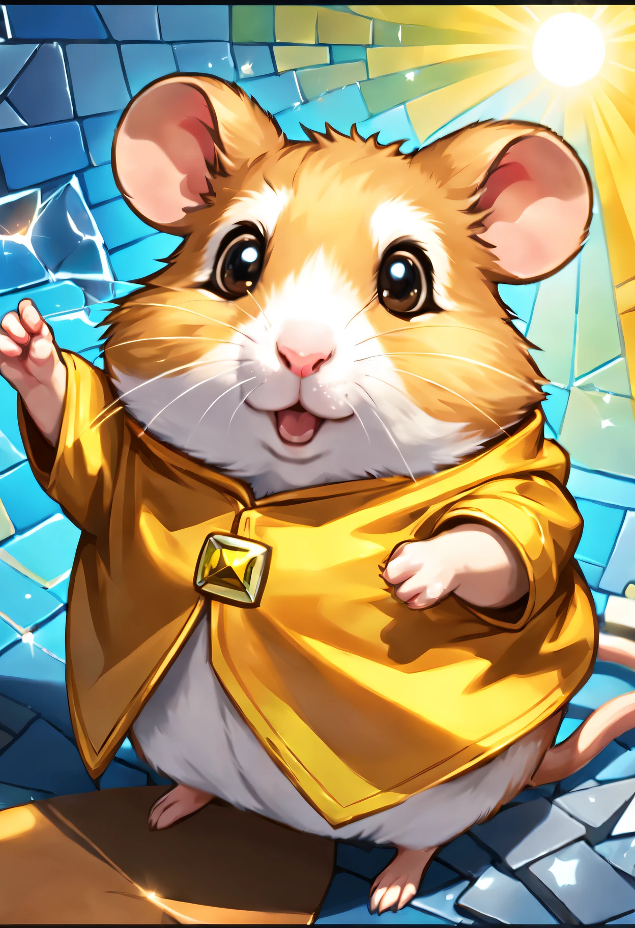 Portrait of hamster adventurer ,radiation mosaic:1.2, catch the sun:0.8, Like shards of glass that infuse warmth and energy into the space:0.4 Flash and dance.