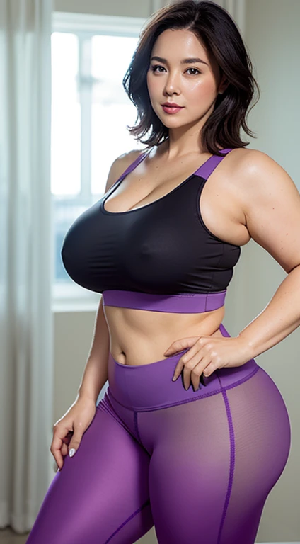 sexy bbw mature woman, beautiful face, big breasts, sexy big ass, sexy thighs, tall body, wearing a sports bra, wearing transparent sports leggings