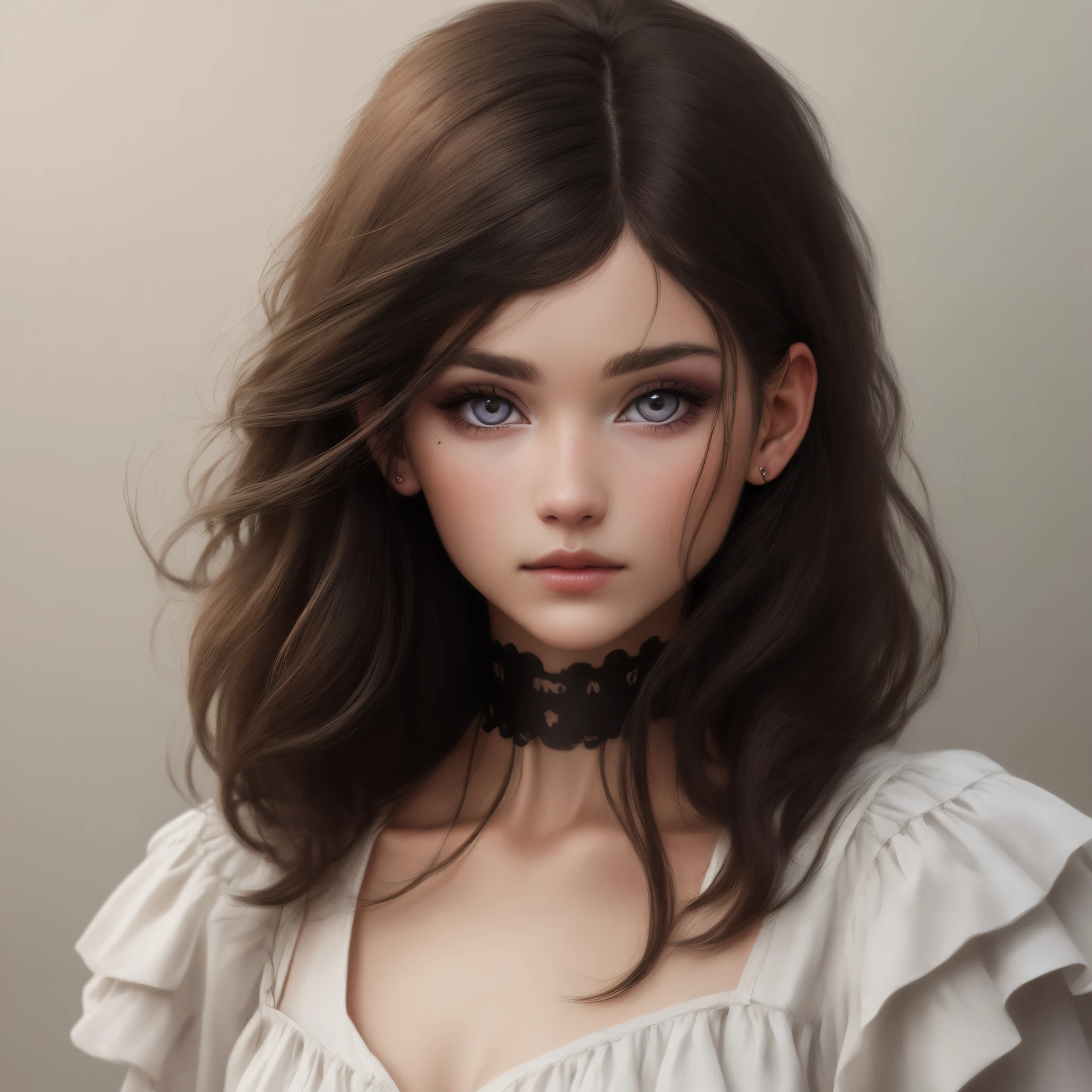 mujer modelo de cabello corto y oscuro, ojos marrones y almendrados, rostro bonito y tez blanca