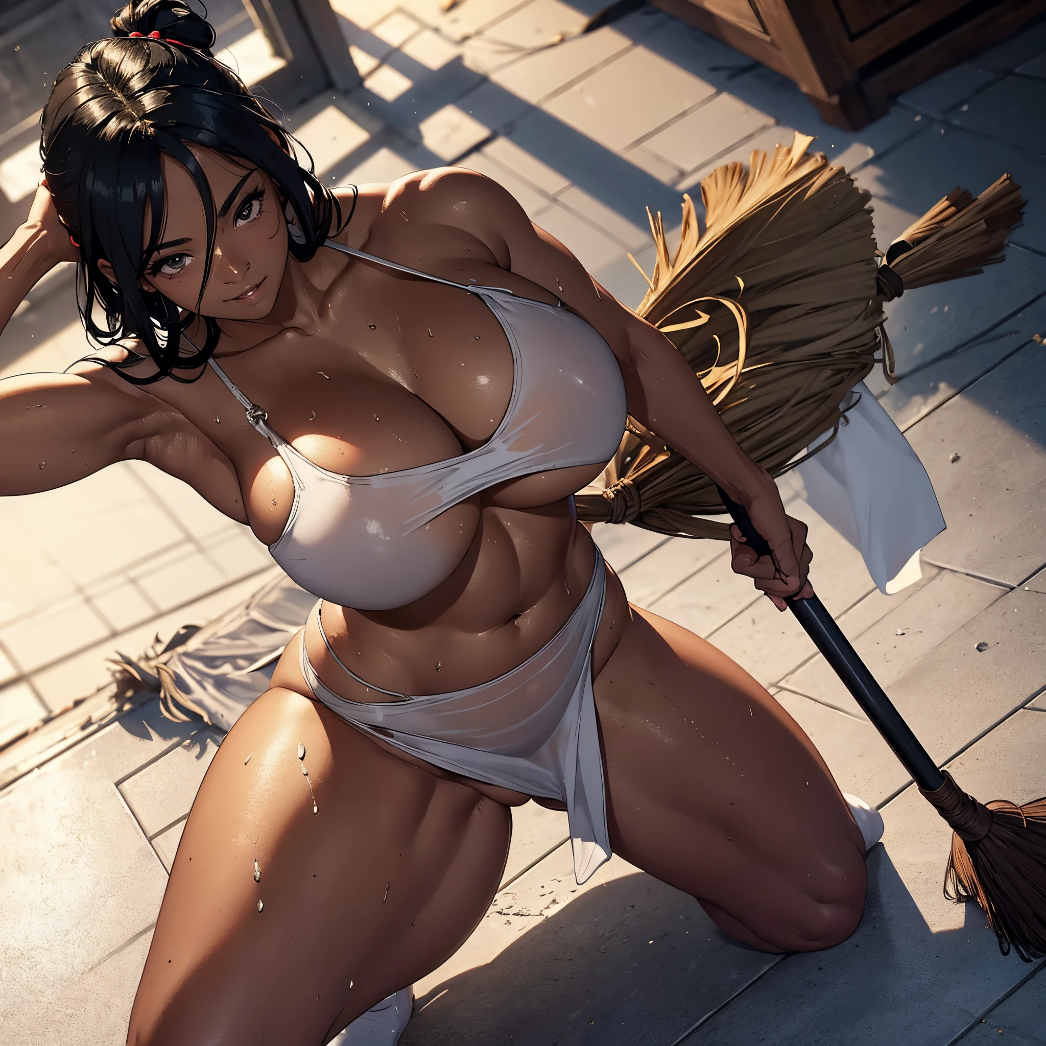 Full-fledged maid ,Solo,wet cameltoe,sweating body,((Clean the floor with a broom)),From below,public hair, naked white apron ,((Dark skin)),trending on artstationh, Intricate details, Highly detailed,, intricate face details,Curvy physique, Thick body,((Mature female)),at the kitchen,vibrant, 4K, Intricate details, big breasts enchanting, Professional manufacturing, 12k resolution,(Seductive smile),Black hair