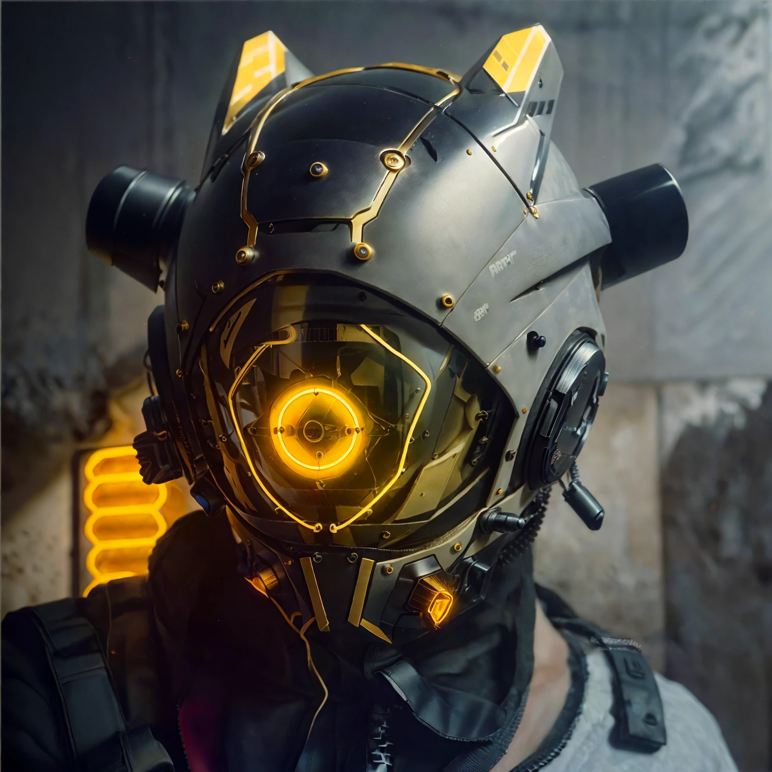 (cyberware, street fashion photography, cyber full face helmet, cute yellow eyes, happy, surprised, yellow neon lights, dust particles, textured fabric:1.4), scifi, cyberpunk, prosthetic arm, robot, Tokyo nightlife, night, dark, brandon woelfel, blurry background, black and yellow, Photorealistic, Hyperrealistic, Hyperdetailed, og style, hip cockdemure, low cut, detailed skin, matte skin, soft lighting, subsurface scatterirealistic, heavy shadow, masterpiece, best quality, ultra realistic, 8k, golden ratio, Intricate, High Detail, film photography, soft focus, Photorealistic, Hyperrealistic, Hyperdetailed, analog stylep cocked, demure, cut, detailed skin, matte skin, soft lighting, subsurface scattering, realistieavy shadow, masterpiece, best quality, ultra realistic, 8k, golden ratio, Intricate, High Detail, film photography, soft focus, Photorealistic, Hyperrealistic, Hyperdetailed, analog style, hip cockedmure, low cut, detd skin, matte skin, soft lighting, subsurface scattering, realistic, heavy sha masterpiece, best quality, ultra realistic, 8k, golden ratio, Intricate, High Detail, film photography, soft focus, Photorealistic, Hyperrealistic, Hyperdetailed, analog style, hip cocked, demure, lot, detailed skin, e skin, soft lighting, subsurface scattering, realistic, heavy shadow, masterp, best quality, ultra realistic, 8k, golden ratio, Intricate, High Detail, film photography, soft focus, Photorealistic, Hyperrealistic, Hyperdetailed, analog style, hip cocked, demure, low cut, detaiskin, matte skin, lighting, subsurface scattering, realistic, heavy shadow, masterpiece, best qty, ultra realistic, 8k, golden ratio, Intricate, High Detail, film photography, soft focus, Photorealistic, Hyperrealistic, Hyperdetailed, analog style, hip cocked, demure, low