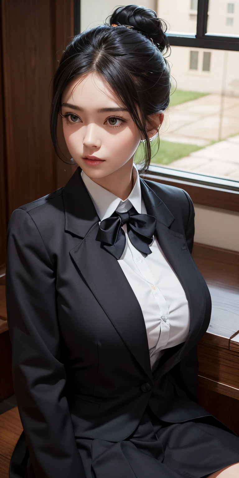 1girl,???????????, black hair,Bun hair, school uniform, high quality, ultra detailed, masterpiece, realistic, sitting