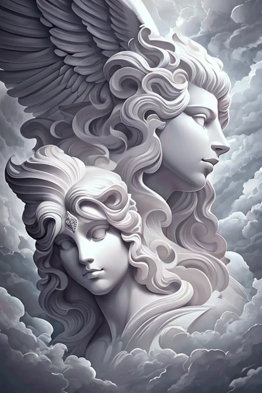 textura de marmol , nubes de tormenta , angel and winged lion variation . humo y nubes , Realistic tattoo design , hiperrealista n textura de estatua y nubes , de costado la imagen , ornamentos romanos , WMASK , white background design for sleeve tattoo