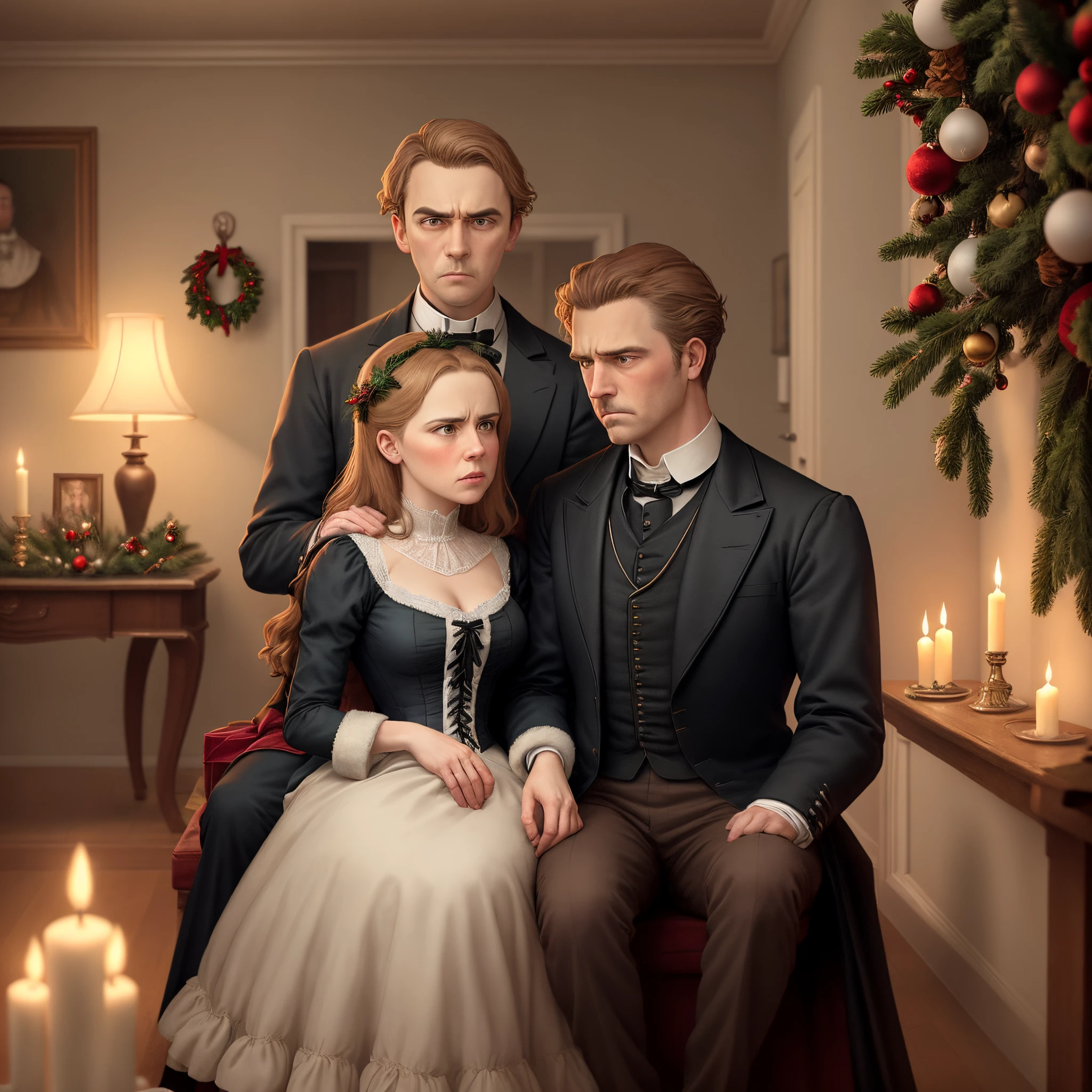 A sad yet colorful Victorian Christmas. A couple sits in their living room. They are no longer in love. The wife’s friend stands near and looks to be pitying the wife. The husbands friend also stands near and he is in love with the wife. And angry man stands in the background
