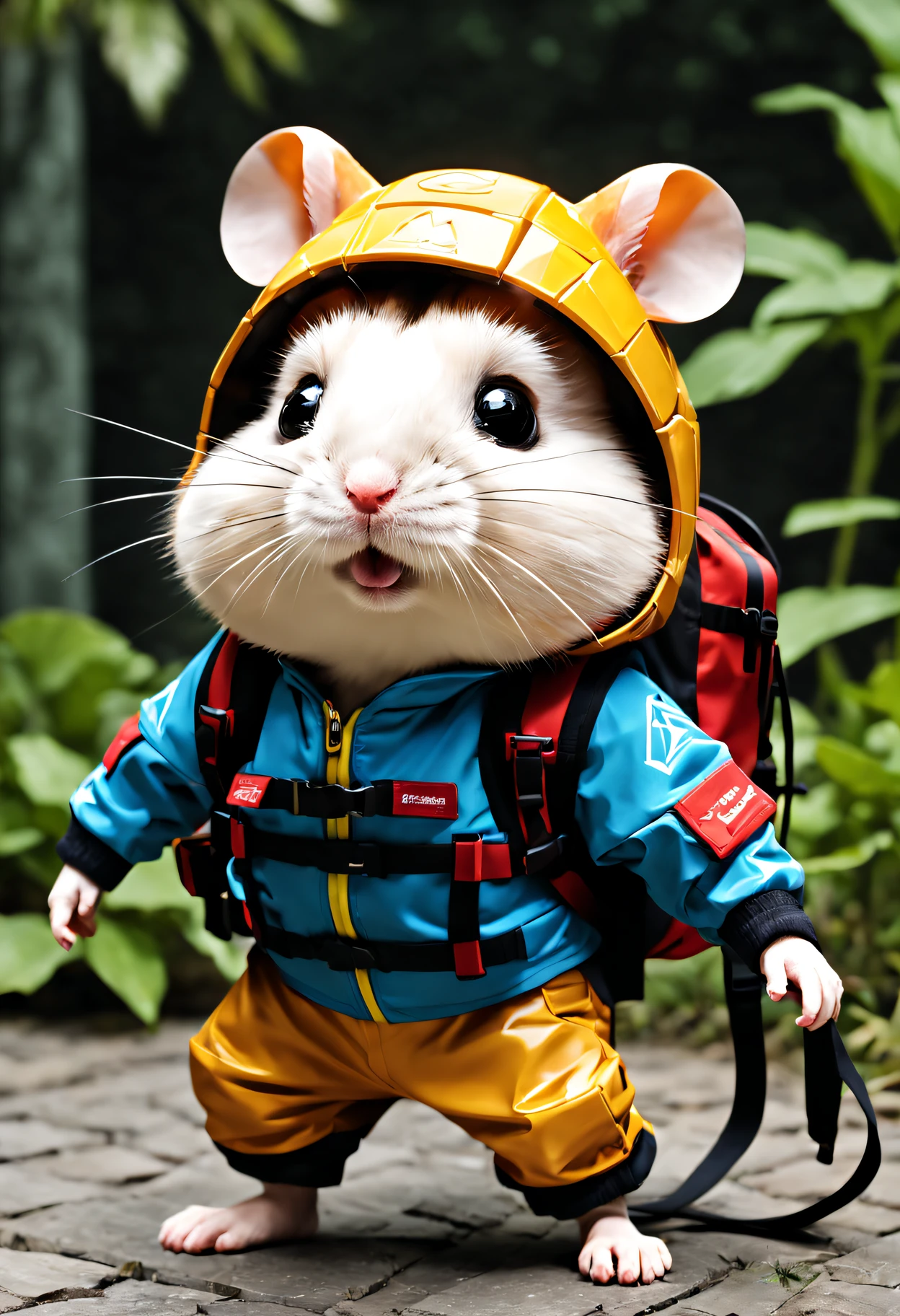 radiation mosaic:1.2，Hamster Adventurer,Wear outdoor adventure clothing,Carrying an adventure backpack 。catch the sun:0.8, like shards of glass，Inject warmth and energy into a space:0.4 Flash and dance.