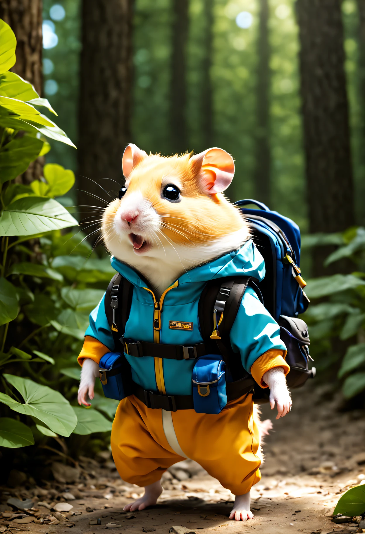 Hamster Adventurer,Wear outdoor adventure clothing,Carrying an adventure backpack ,radiation mosaic:1.2, catch the sun:0.8, like shards of glass，Inject warmth and energy into a space:0.4 Flash and dance.