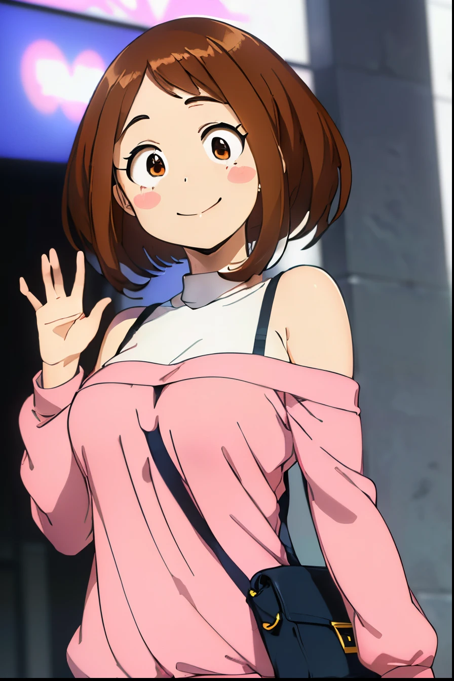 masuter piece, Best Quality, 超A high resolution, Anime style, The best lighting, Beautiful face, ​masterpiece、top-quality、ultra-detailliert、细致背景、1girl in、独奏、A smile、Ochako Uraraka、looking at the viewers、large full breasts, off-shoulder knit, Light pink clothes, Shoulder bag, Wave your hand loudly