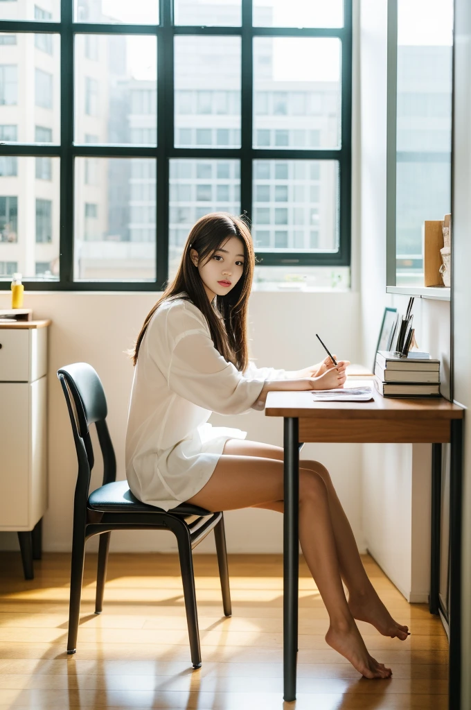 Woman sitting at desk in office,Raphael Tower visible from the window, gorgeous young korean woman, beautiful Korean women, korean artist, Korean girls, korean woman, sittinng on the desk, beautiful young korean woman, Korean fashion model, sit at your desk, illuminate warmly, Bae Xiuzhi, sit on chair, sit at your desk, captivating posture
