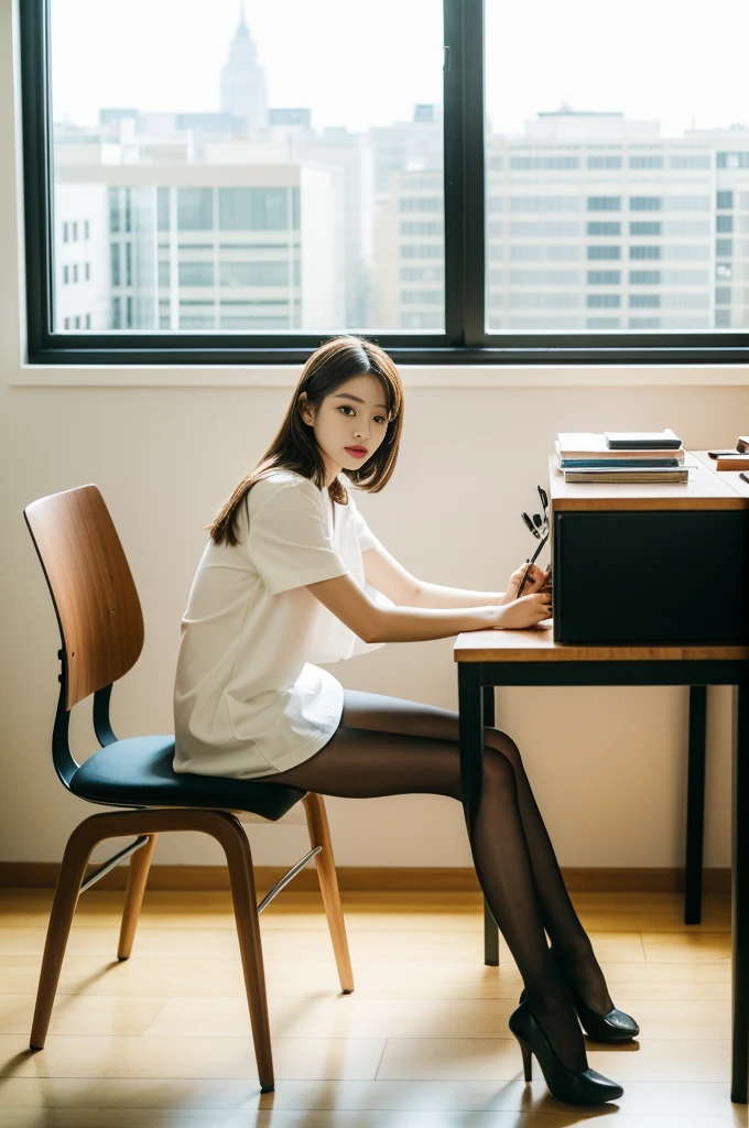 Woman sitting at desk in office,Raphael Tower visible from the window, gorgeous young korean woman, beautiful Korean women, korean artist, Korean girls, korean woman, sittinng on the desk, beautiful young korean woman, Korean fashion model, sit at your desk, illuminate warmly, Bae Xiuzhi, sit on chair, sit at your desk, captivating posture