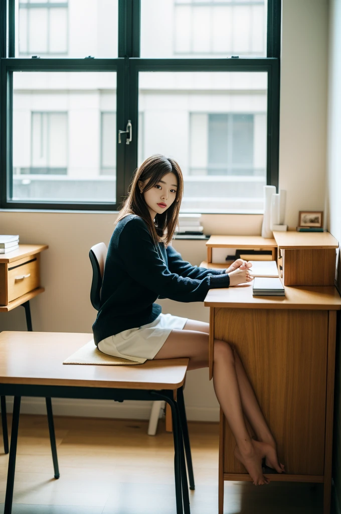 Woman sitting at desk in office，Raphael Tower visible from the window, gorgeous young korean woman, beautiful Korean women, korean artist, Korean girls, korean woman, sittinng on the desk, beautiful young korean woman, Korean fashion model, sit at your desk, illuminate warmly, Bae Xiuzhi, sit on chair, sit at your desk, captivating posture