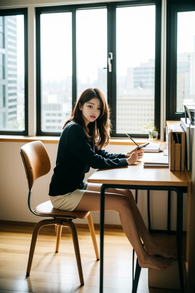 Woman sitting at desk in office,Raphael Tower visible from the window, gorgeous young korean woman, beautiful Korean women, korean artist, Korean girls, korean woman, sittinng on the desk, beautiful young korean woman, Korean fashion model, sit at your desk, illuminate warmly, Bae Xiuzhi, sit on chair, sit at your desk, captivating posture