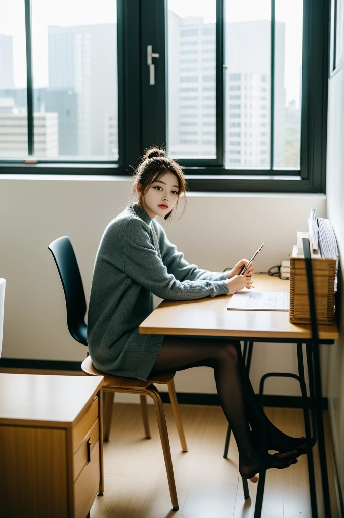 Woman sitting at desk in office,Raphael Tower visible from the window, gorgeous young korean woman, beautiful Korean women, korean artist, Korean girls, korean woman, sittinng on the desk, beautiful young korean woman, Korean fashion model, sit at your desk, illuminate warmly, Bae Xiuzhi, sit on chair, sit at your desk, captivating posture