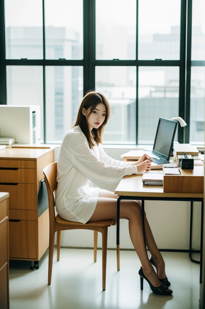 Woman sitting at desk in office,Raphael Tower visible from the window, gorgeous young korean woman, beautiful Korean women, korean artist, Korean girls, korean woman, sittinng on the desk, beautiful young korean woman, Korean fashion model, sit at your desk, illuminate warmly, Bae Xiuzhi, sit on chair, sit at your desk, captivating posture