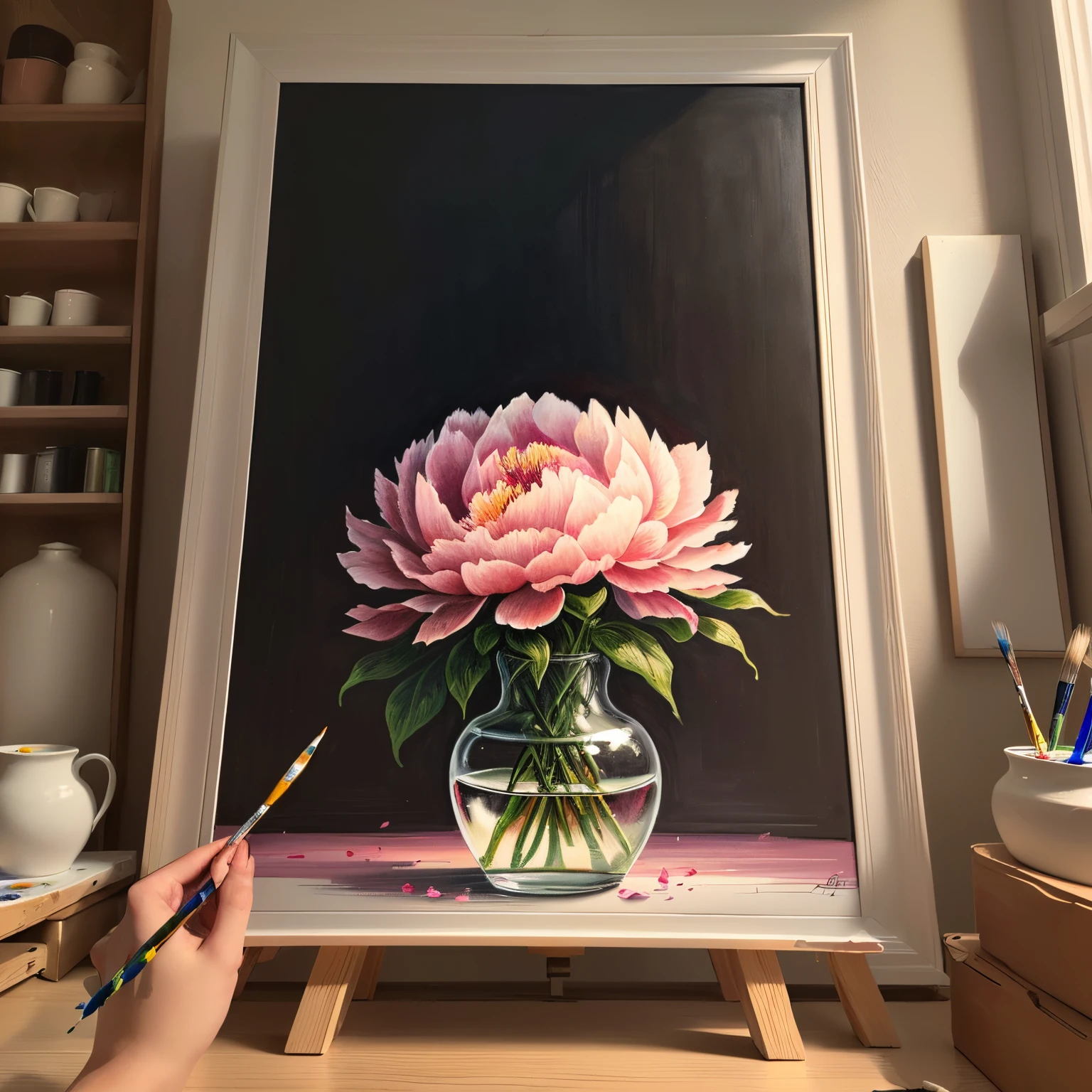 Modern meticulous painting composition,peony painting line drawing