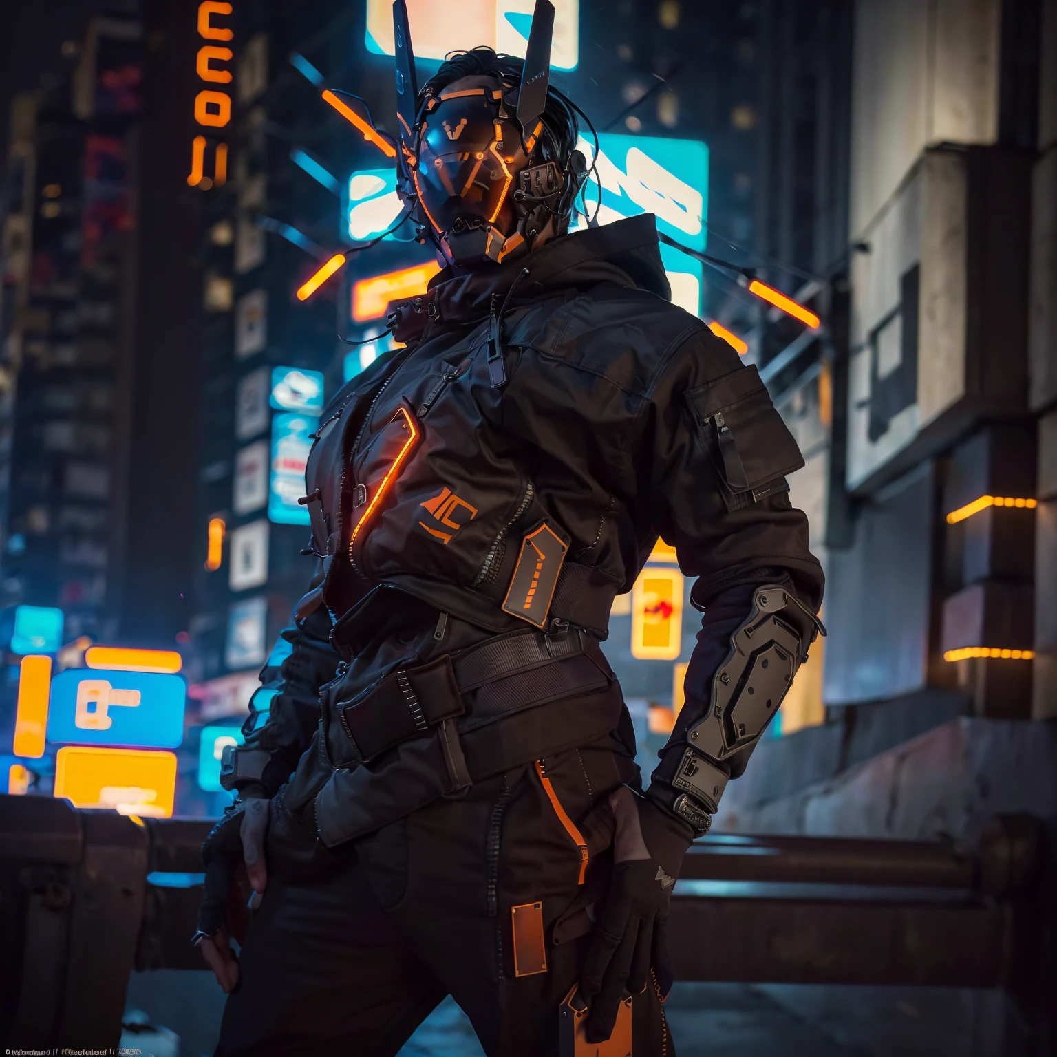 masterpiece, realistic, far shot, full body, muscular, (a man wearing a cyberhelmet with orange led), wearing black techwear jacket, posing for a photo, (long legs:1.3), (thin waist:1.2), street background, HDR, depth of field, blacklight, looking to sides, looking at viewer,