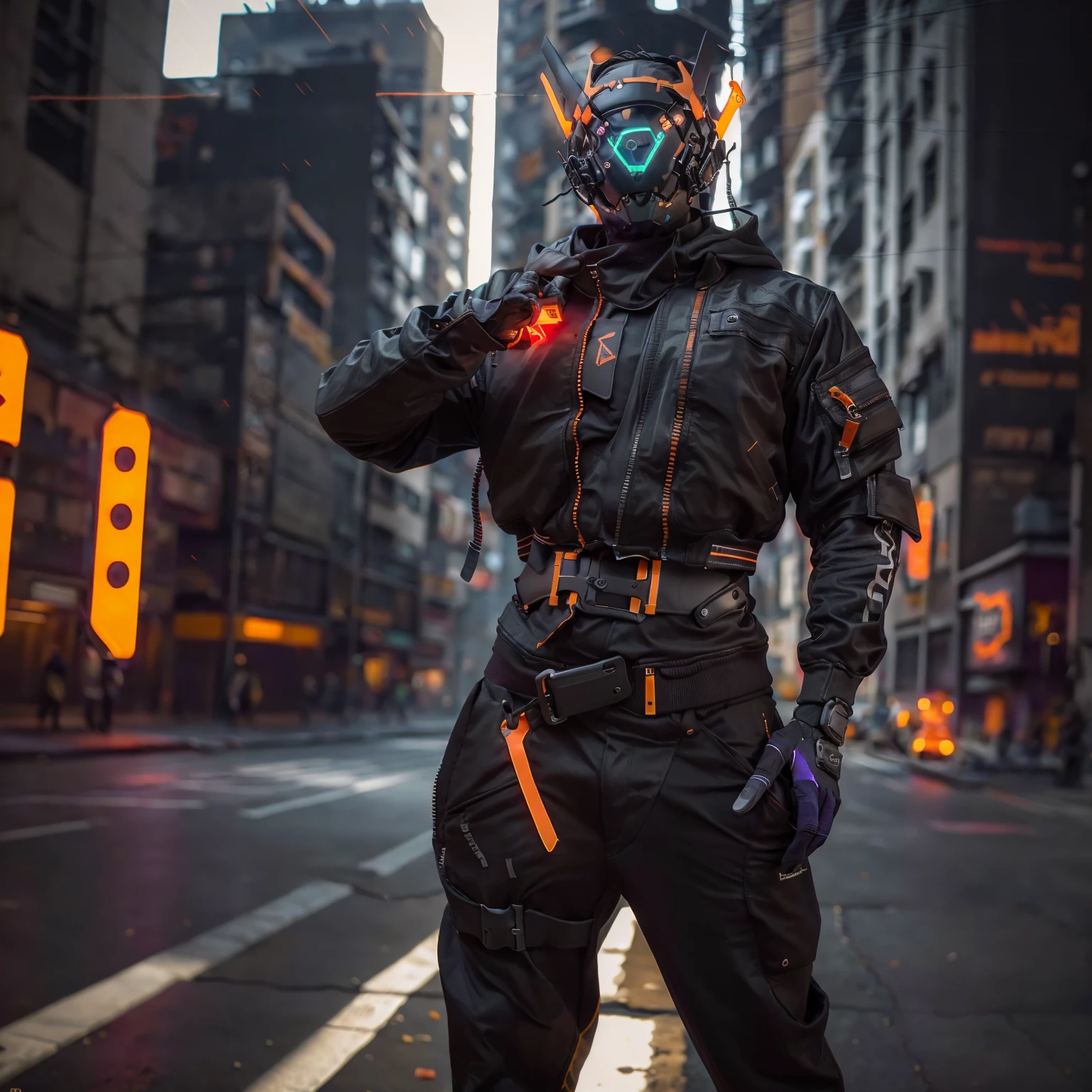 masterpiece, realistic, far shot, full body, muscular, (a man wearing a cyberhelmet with orange led), wearing black techwear jacket, posing for a photo, (long legs:1.3), (thin waist:1.2), street background, HDR, depth of field, blacklight, looking to sides, looking at viewer,