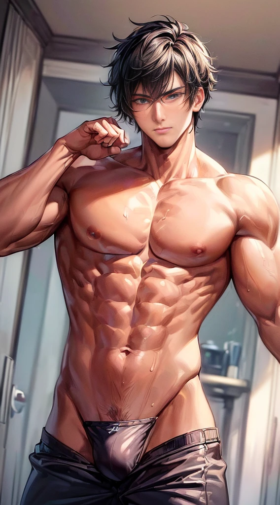 (masterpiece best quality 8k ultra-detailed:1.5) ultra realistic, solo playboy, muscular handsome (((perfect face,perfect eyes))) (topless), anime style, illustration, (underwear, big bulge), sweat,manly,realistic shade, sharp, detailed beautiful face and eyes, perfect beautiful body, perfect hands, ((dynamic pose)), shiny skin