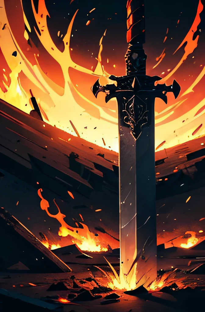 an old sword stuck in the ground with flames swirling around it. abstract