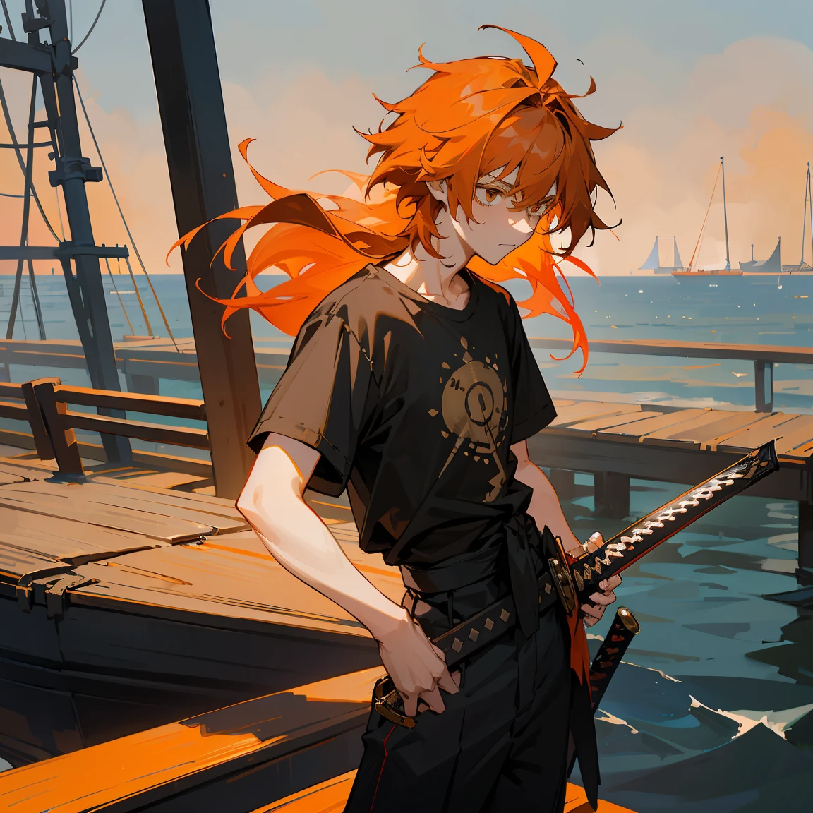 Orange Hair ,Tied Backnot in hair , Shaggy Hair , Messy Hair , Medium Length Hair , 1male , Black Shortsleeve T-Shirt , Baggy Black Pants , Standing on boat dock , Sword Sheathed , Sword Sheathe , Sword On Hip , Intricately Detailed Sword Sheathe , Folded Arms