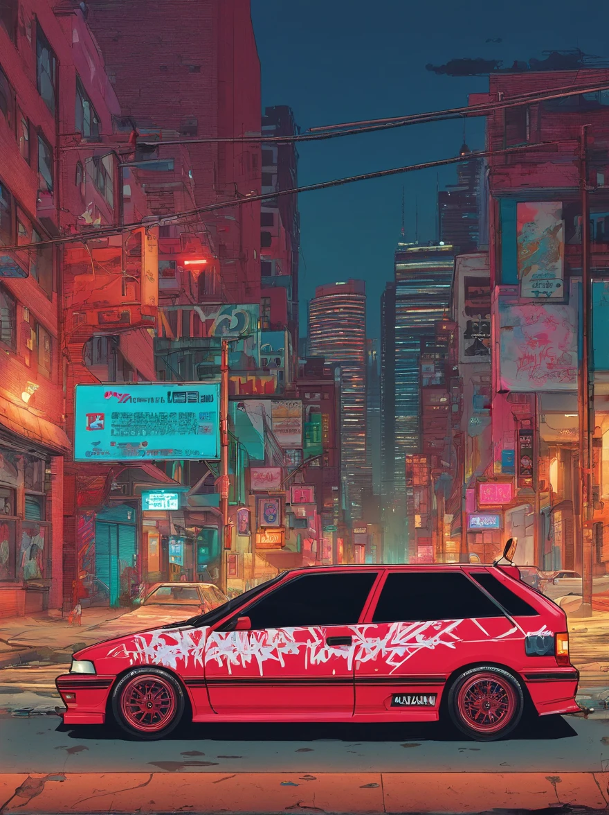 In the midst of the lit streets of philadelphia, the camera pans up to reveal the word 'TOMA' spray-painted in bold graffiti, its letters slowly dripping down into the urban backdrop. Cut to a hooded, masked figure perched atop a sleek 1985 Honda Aero 50 scooter, its red frame glowing against the darkness. As the scene unfolds, a pristine white JDM Honda Civic EF wagon glides past, adding to the atmosphere. Amidst the striking visuals, traditional Japanese elements subtly weave into the setting, evoking an air of mystery and intrigue.