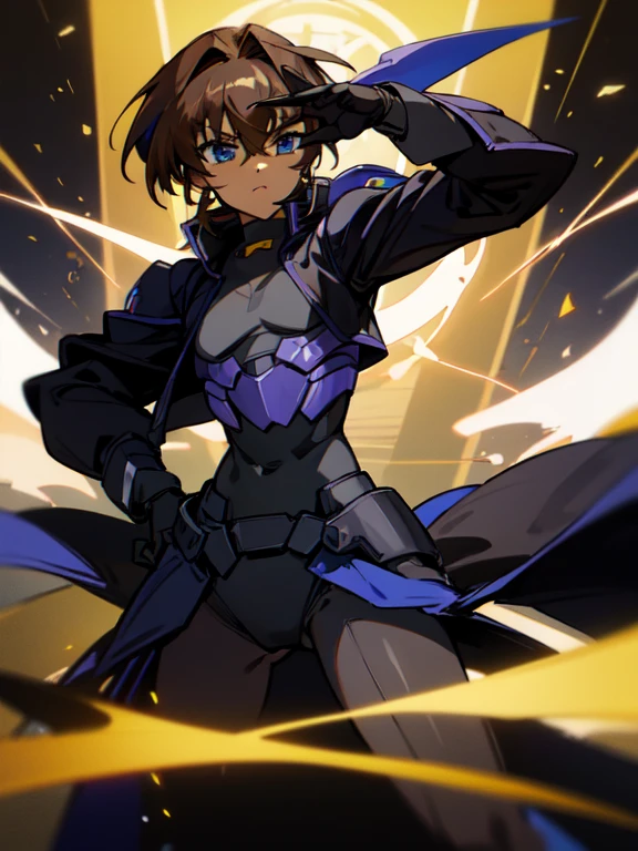 Masterpiece, high res, 4k, (male) (Magical girl lyrical nanoha) wearing a black magic barrier jacket armour, black bodysuit, dark skin, otokonoko, medium dark brown hair, beautiful blue eyes, (flat chested), cute, black gloves, badass pose,