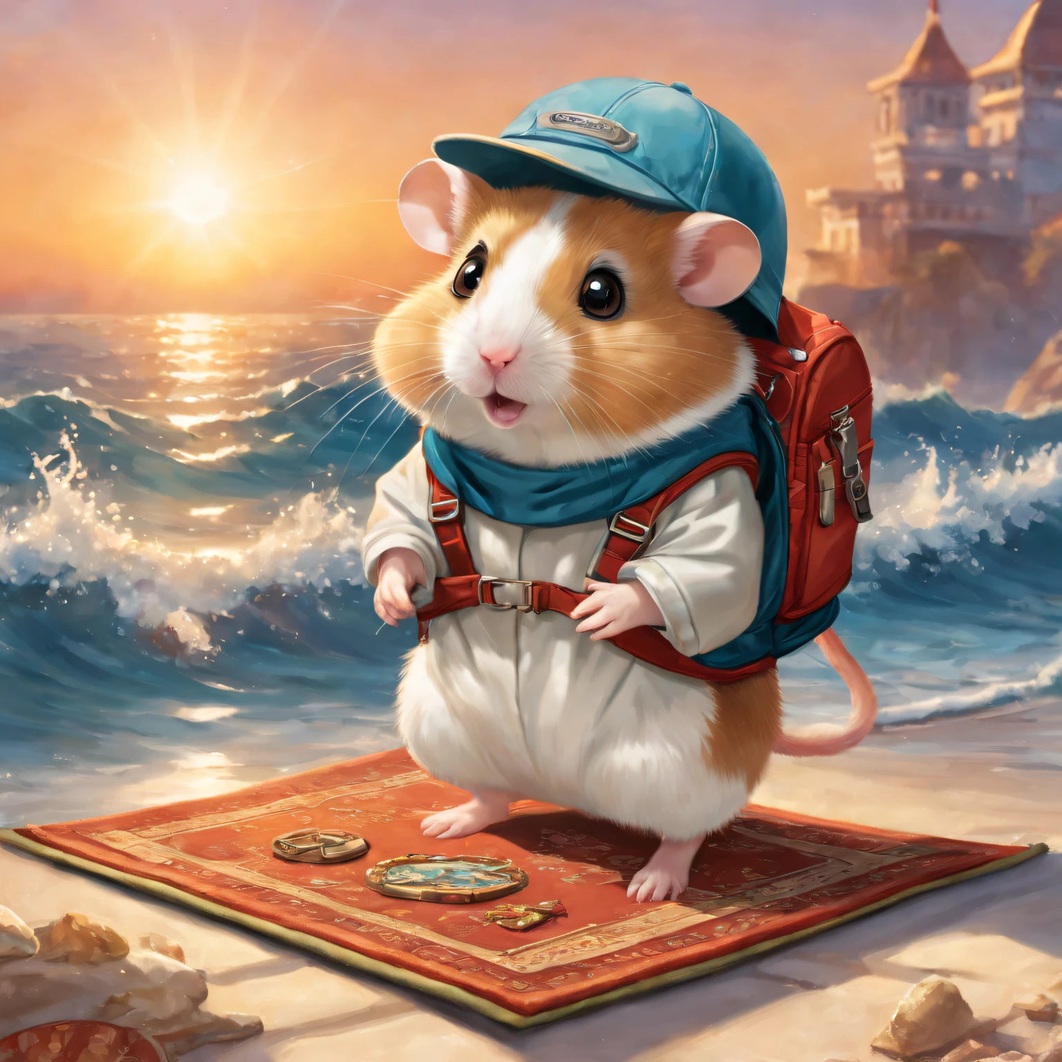 Hamster wearing outdoor adventure suit,Carrying an adventure backpack, Get on the magic carpet,over the sea,the sunset, iintricate, The content is very detailed