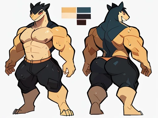 blitzdrachin, typhlosion, male, solo, ass, huge ass, muscle, sweaty, white background, model sheet, s, thick thighs
