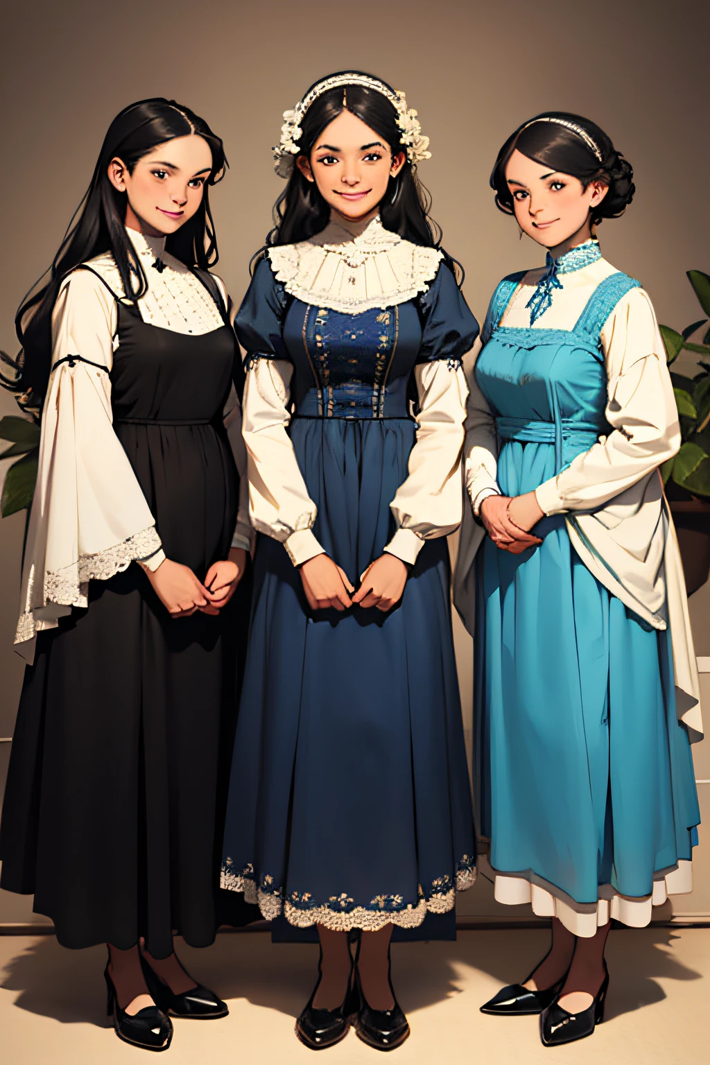 three sisters, early teens and 20's, all with long curly black hair, varying heights, wearing blue Victorian style dresses, all smiling and happy to be together