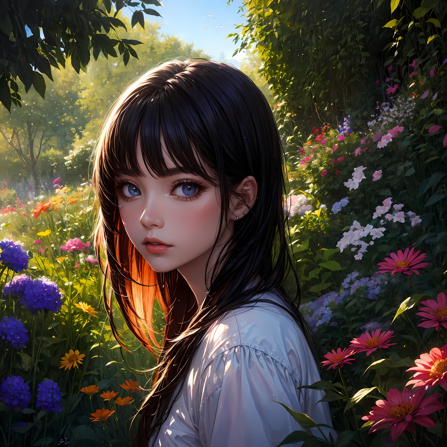 High quality, Realistic, Vibrant colors, Beautiful detailed eyes, Beautiful detailed lips, long eyelashes, girl, garden, Flowers, Sunshine, Soft lighting, Lively atmosphere, Medium: Oil Painting