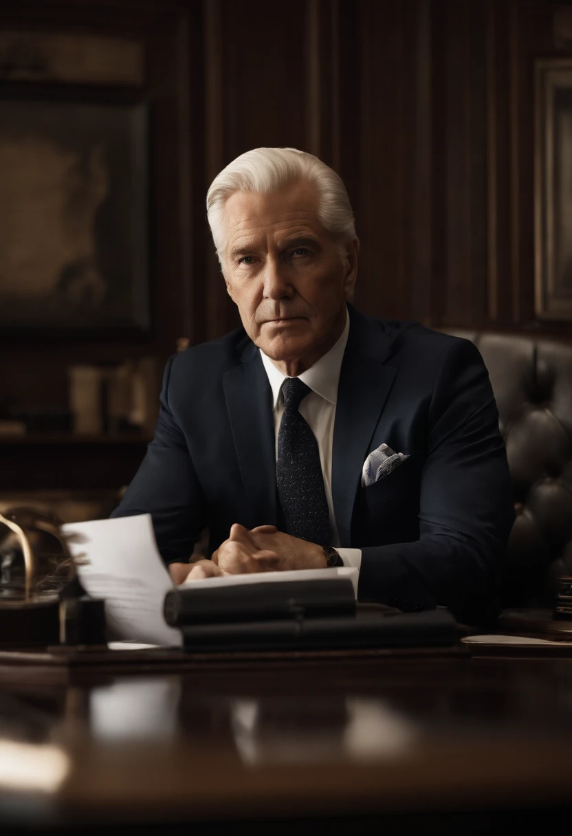 A photo of Logan in his private office, surrounded by screens and financial charts,original,Logan Roy, the fictional patriarch in “Succession,” possesses a commanding presence, characterized by his tall stature, sharp suits that speak to his power and wealth, and an often stern, unyielding facial expression. His aging appearance, marked by a full head of white hair and a penetrating gaze, adds to his intimidating demeanor., male