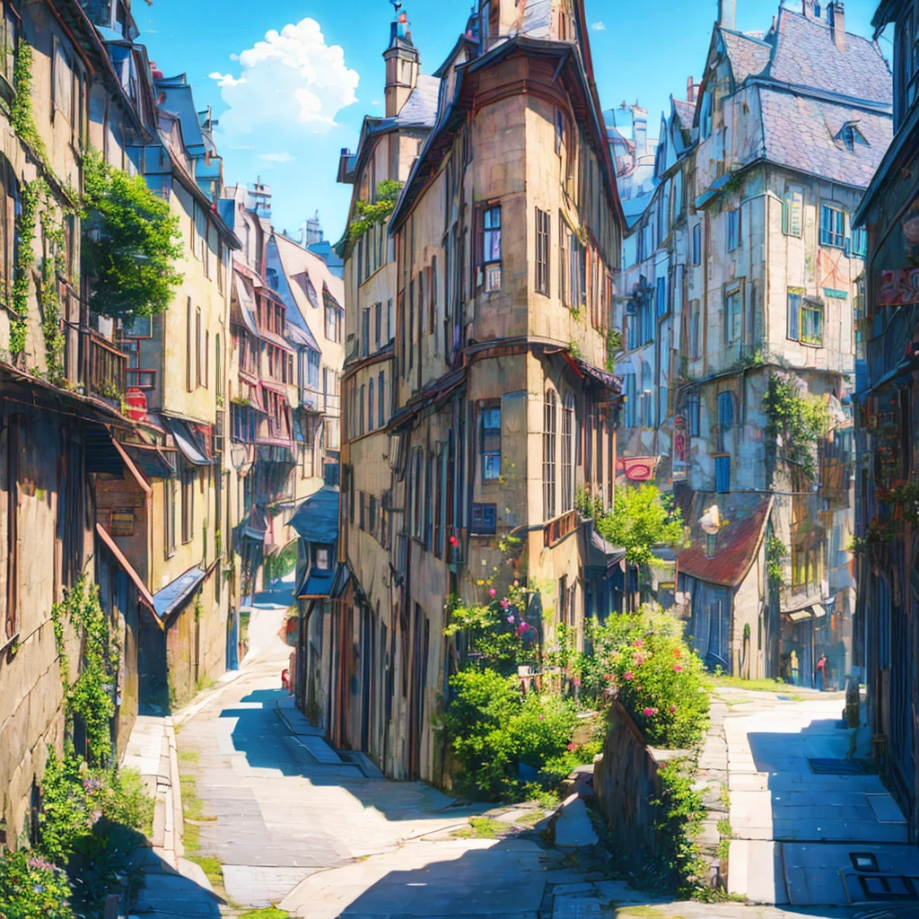 European style narrow street，like the wizarding world of harry potter， Anime background art, anime style cityscape, Magical and colorful magical world， beautiful anime scenery, There are orcs on the street，Leprechaun，Little monsters chatting on the street