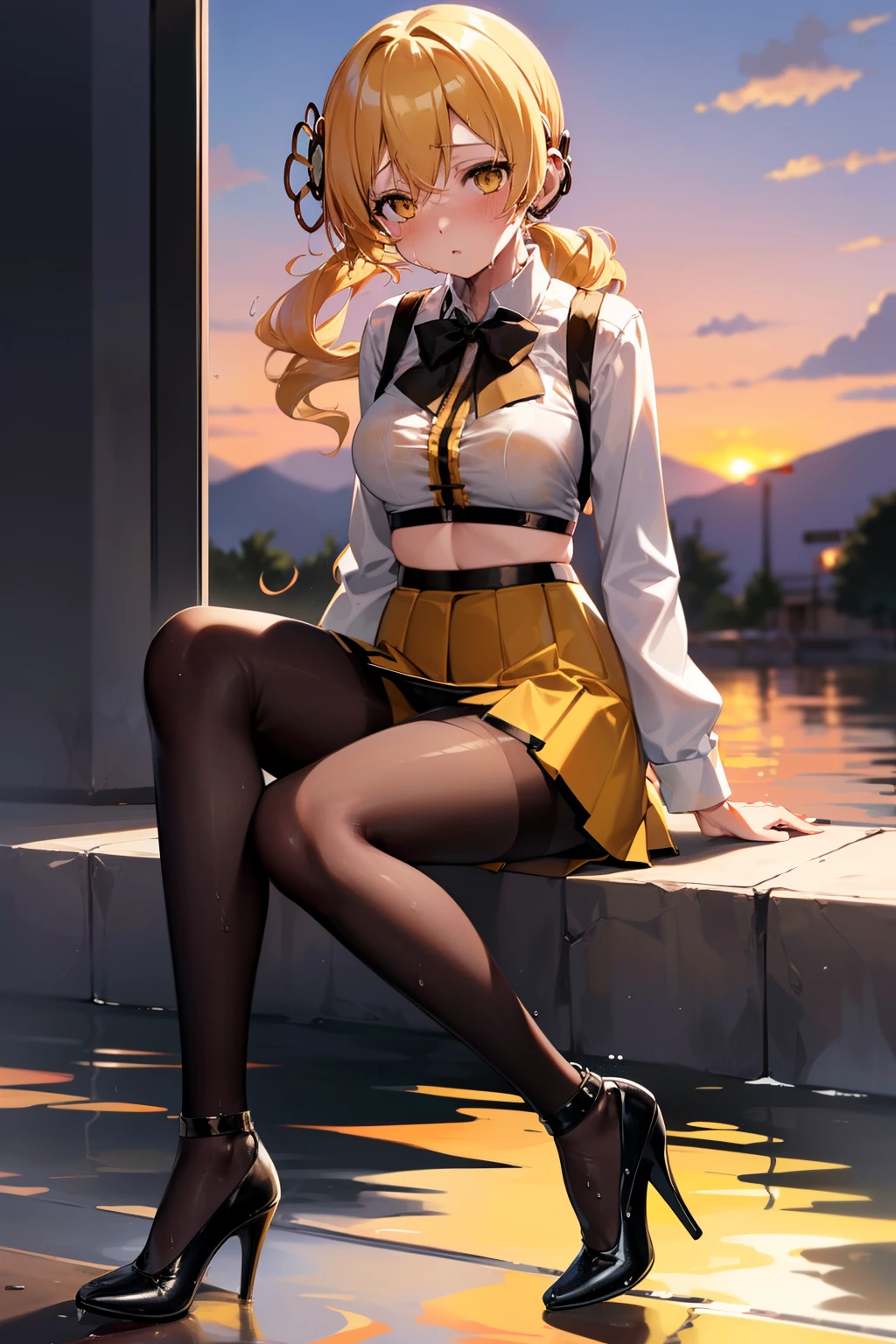 masutepiece, Best Quality, 1girl in, (Mami Tomoe), Blonde hair, poneyTail, length hair, (Yellow eyes:1.2), evening, Sunset,、((Black bra))、((pencil skirts))、((Office Suits))、((Blouse))、((Black miniskirt))、((pantyhose))、((high-heels))、((Whole body gets wet))、((sodden))