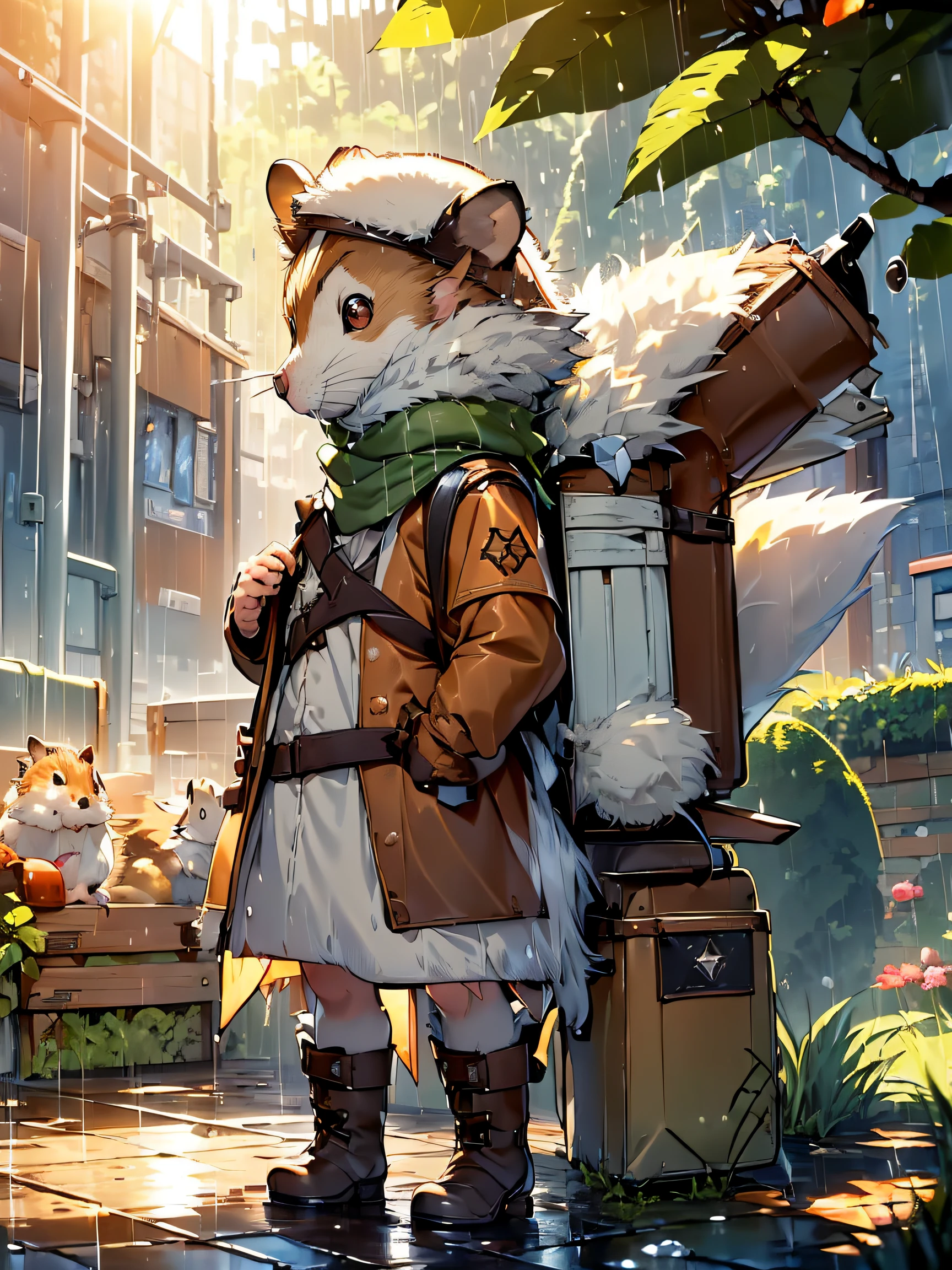 (hamster adventurer:1.2), (brown and white fur:1.4), ((backpack with essentials, Compatible with anything):1.5), ((leather hat, protects from sun and rain):1.2), (Green Scarf:1.3), (compass:1.3), (long boots:1.2)