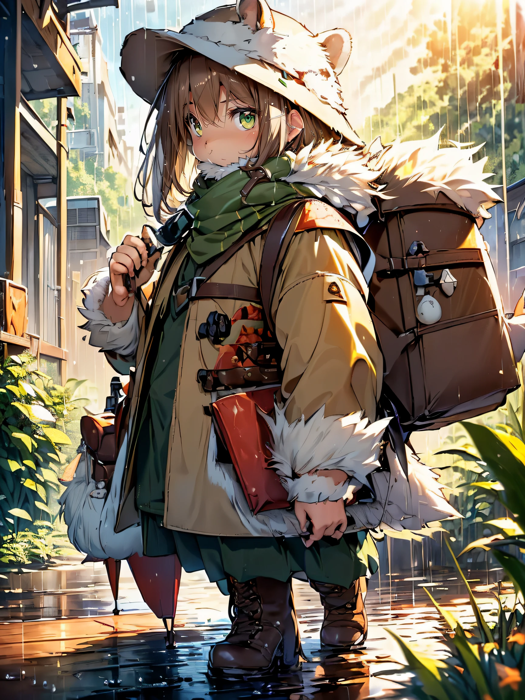(hamster adventurer:1.2), (brown and white fur:1.4), ((backpack with essentials, Compatible with anything):1.5), ((leather hat, protects from sun and rain):1.2), (Green Scarf:1.3), (compass:1.3), (long boots:1.2)