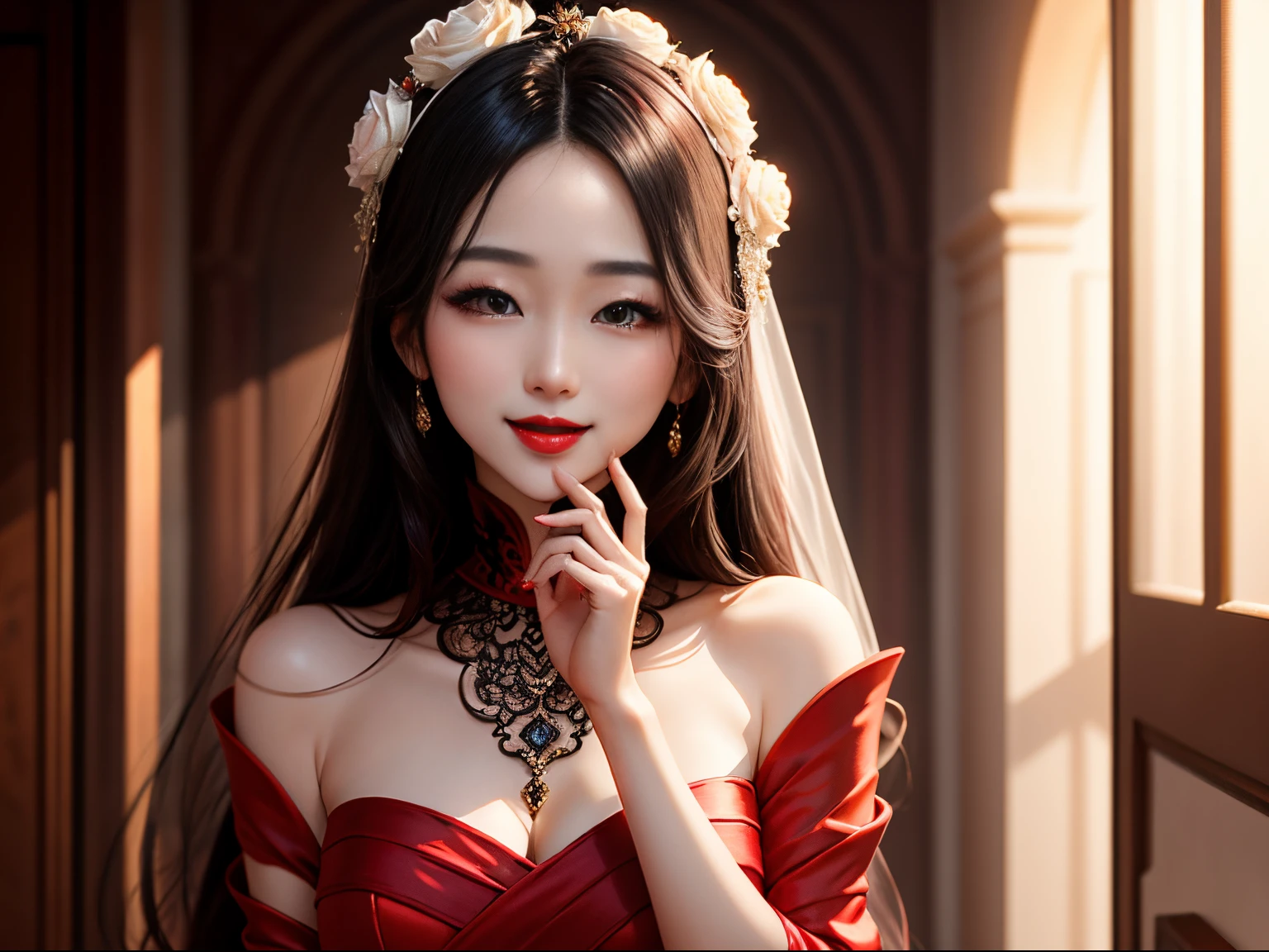 Bright red dress,black hair color hair,Brown eyes,Cover your mouth with your hands and laugh,rosy red lips,Exquisite beauty,a tall nose,ivory skin。