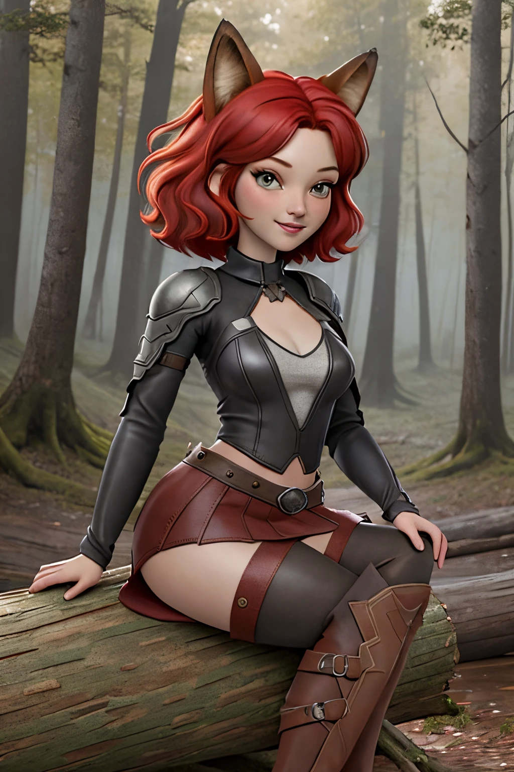 Beautiful 1girl in, fullbody, teenager, Solo, vibrant red hair, disheveled red hair, short red hair, light gray eyes,  some small freckles, pale skin, medium breasts, cleavage, runners body, (thin hips, thin waist: 1.25), (arched back:1.12), detailed skin, neutral face, mischievous smile, revealing clothes, (wearing cropped leather tunic green, leather skirt, van braces, armored boots: 1.1), looking at viewer, (sitting down on a log: 1.22), (dark dark red fox ears:1.25), (detailed magical forest background:1.1), creek, overlooking opening in forest, 4k textures, soft light, elegant, highly detailed, sharp focus, soothing tones, insane details, intricate details, hyperdetailed, low contrast, exposure blend, hdr, faded