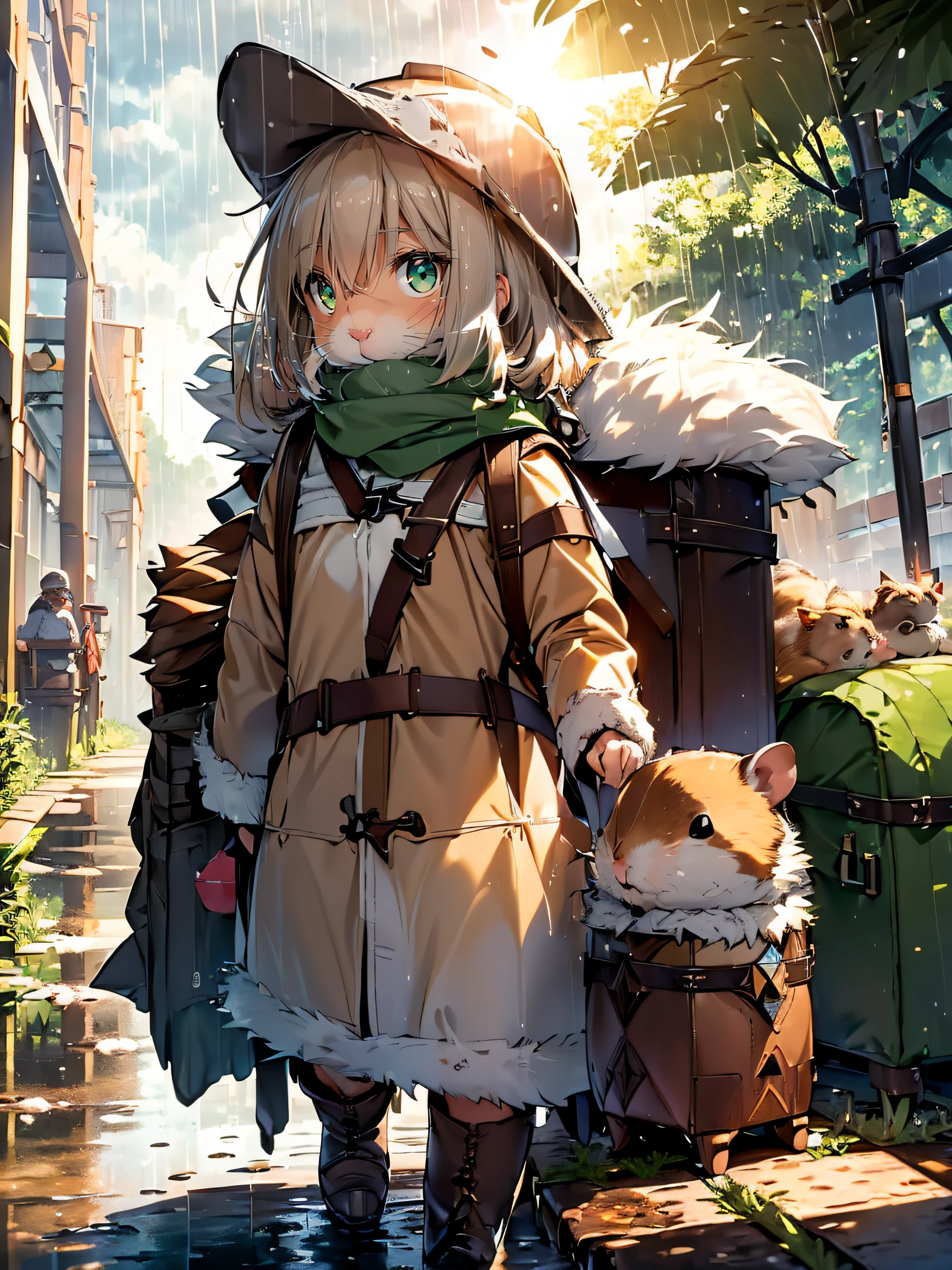 (hamster adventurer:1.2), (brown and white fur:1.4), ((backpack with essentials, Compatible with anything):1.5), ((leather hat, protects from sun and rain):1.2), (Green Scarf:1.3), (compass:1.3), (long boots:1.2)